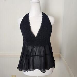 New Kimichi Blue Halter Top Size Medium Womens Babydoll Black Crop Fairy Grunge